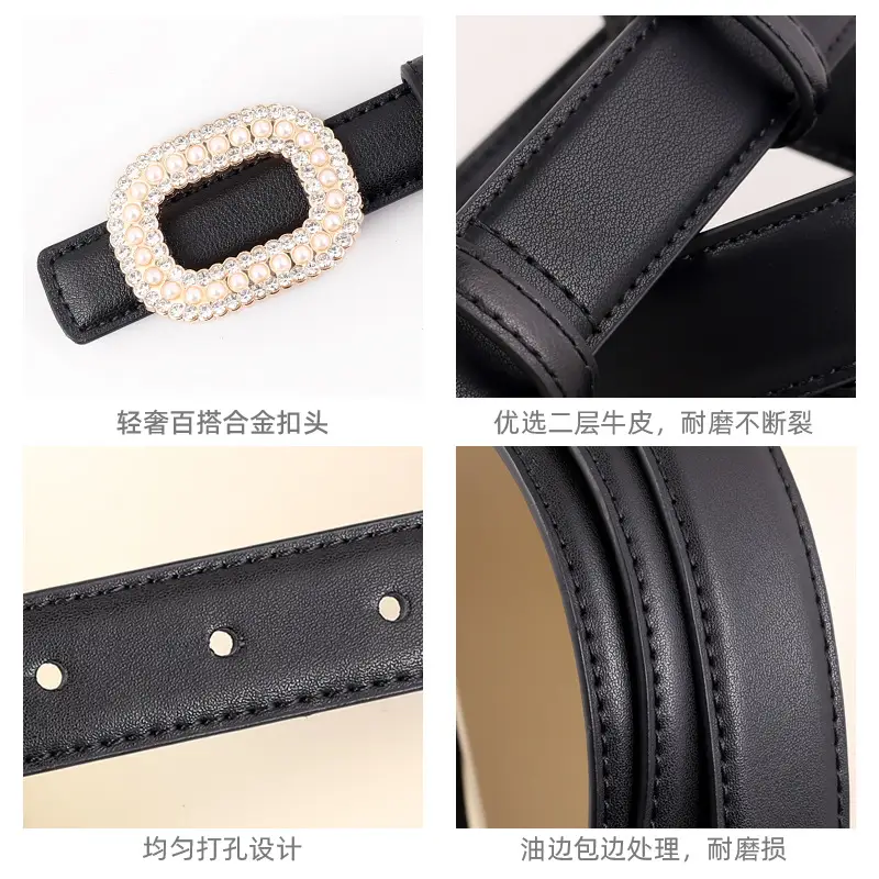 Women's Black Genuine Leather Belt with Pearl Buckle - Image 6