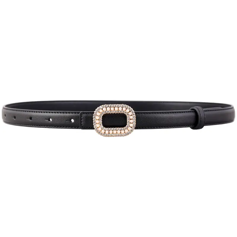 Women's Black Genuine Leather Belt with Pearl Buckle - Image 8