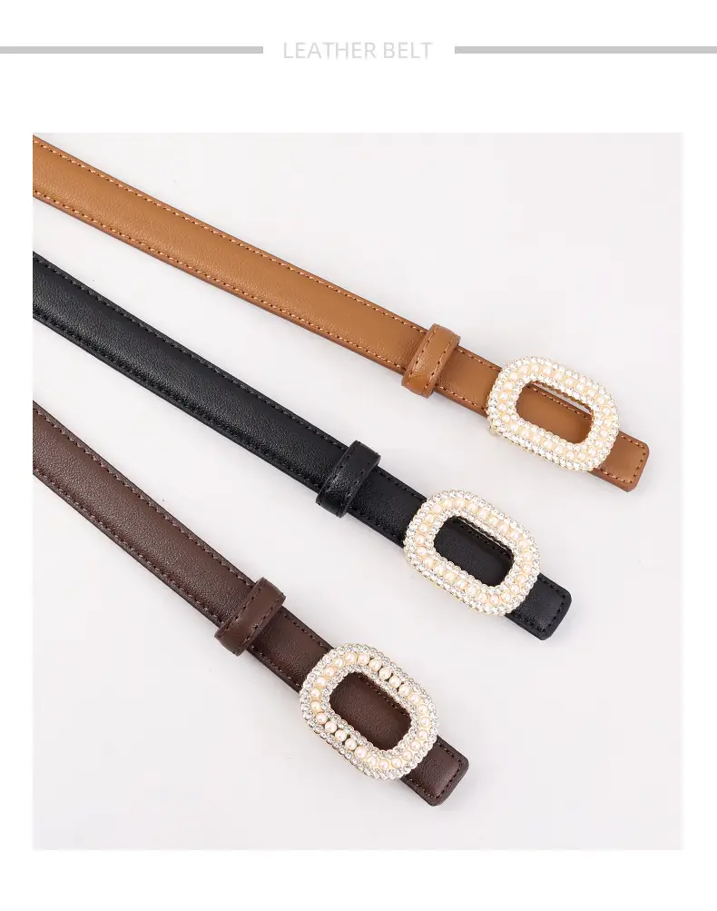 Women's Black Genuine Leather Belt with Pearl Buckle — feature 24