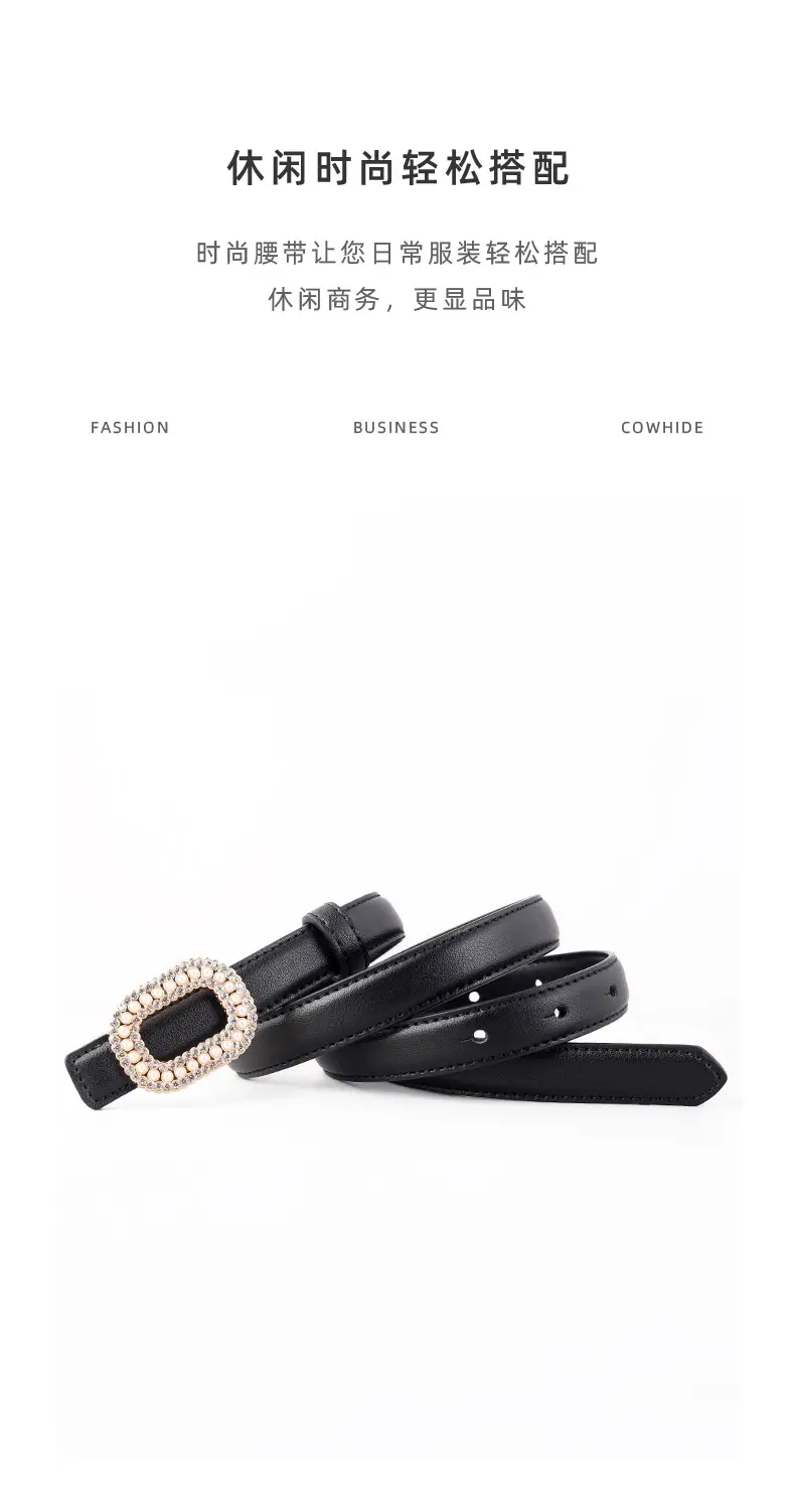 Women's Black Genuine Leather Belt with Pearl Buckle — feature 27
