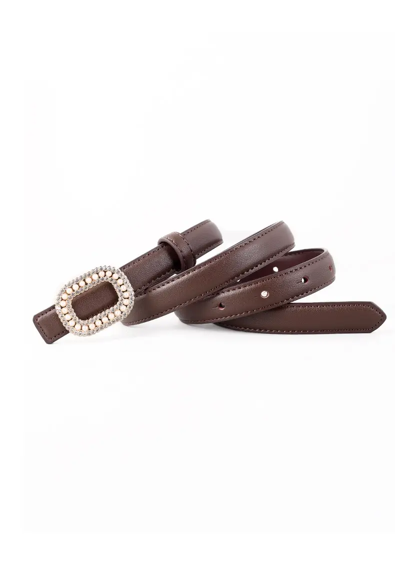 Women's Black Genuine Leather Belt with Pearl Buckle — feature 29