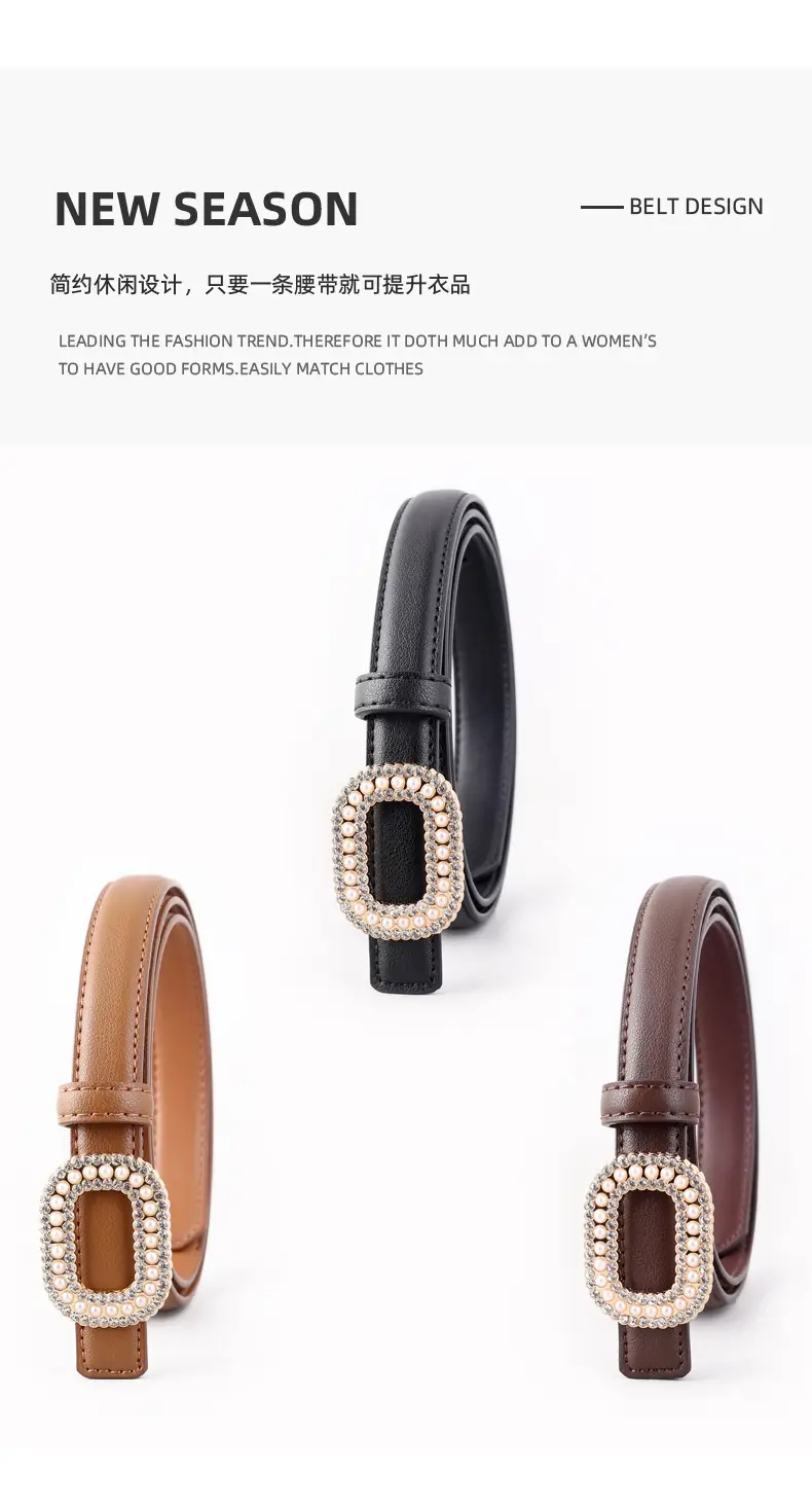 Women's Black Genuine Leather Belt with Pearl Buckle — feature 30