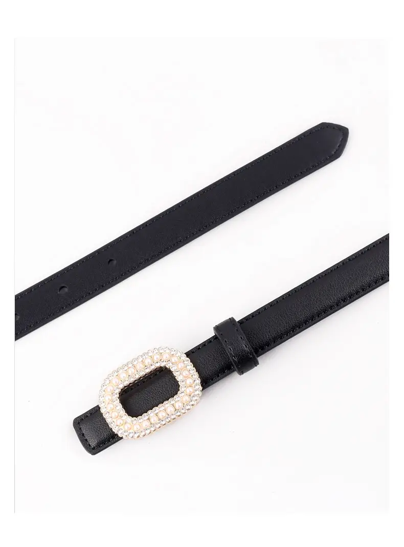 Women's Black Genuine Leather Belt with Pearl Buckle — feature 31