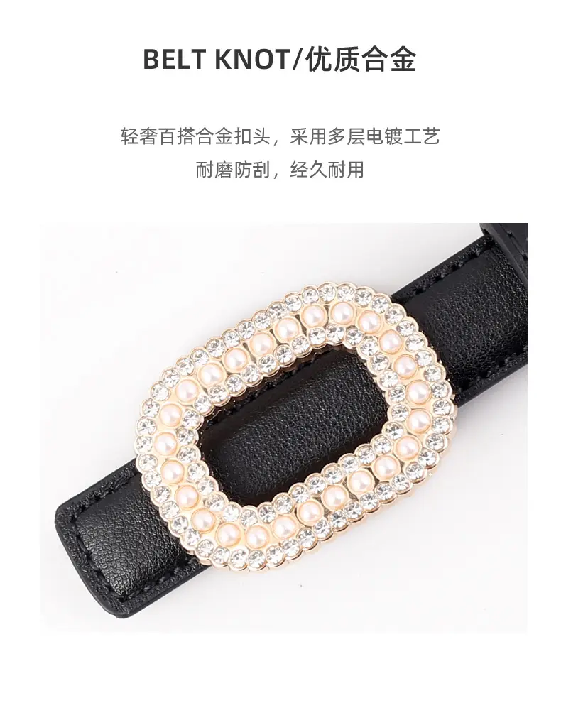 Women's Black Genuine Leather Belt with Pearl Buckle — feature 33