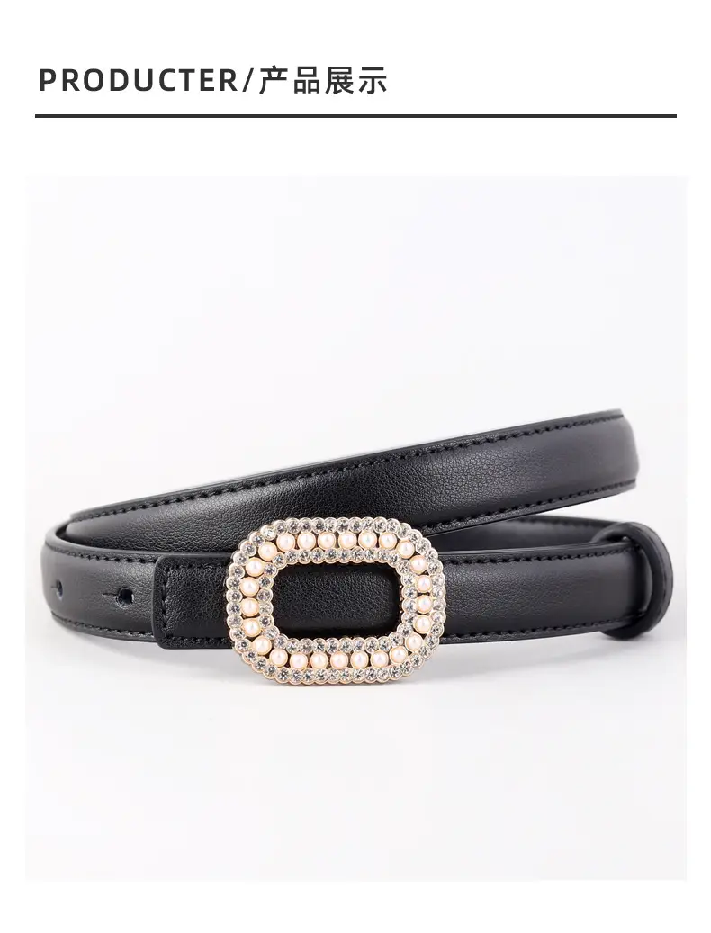 Women's Black Genuine Leather Belt with Pearl Buckle — feature 37