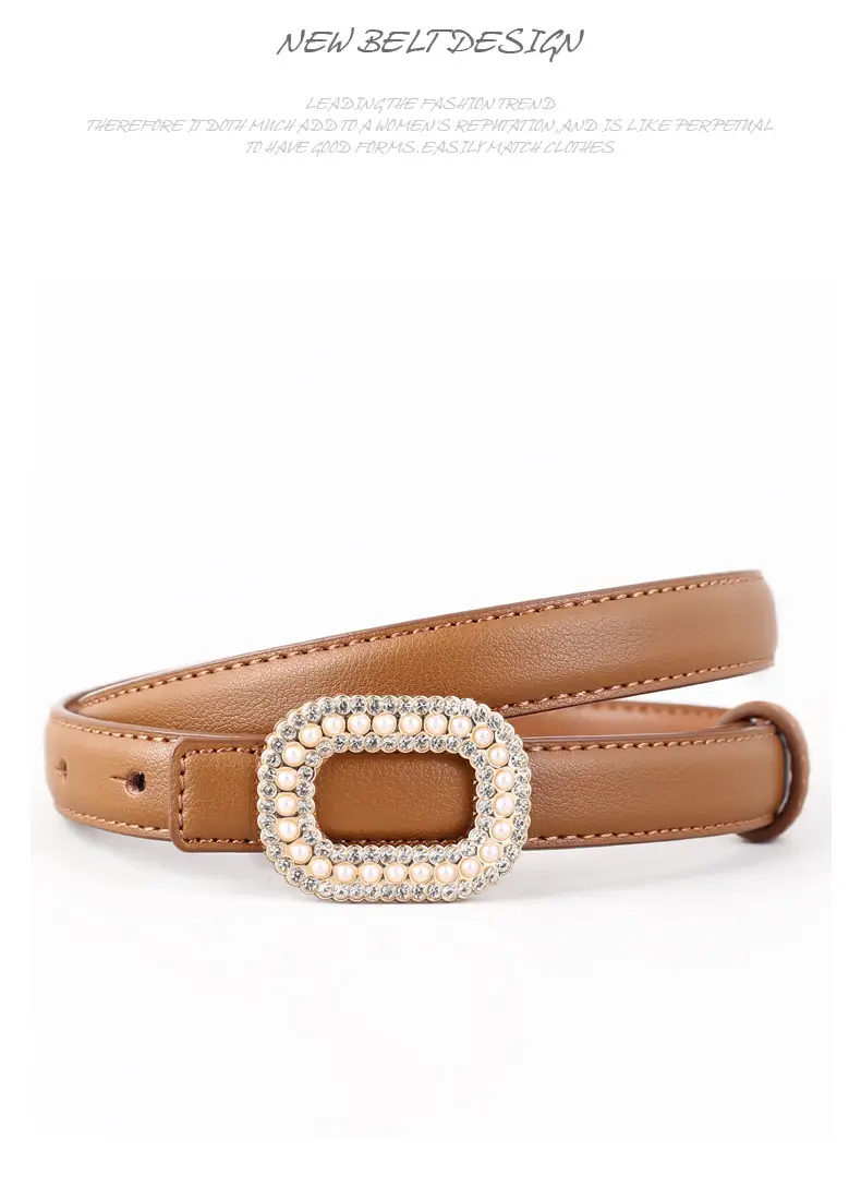 Women's Black Genuine Leather Belt with Pearl Buckle — feature 38