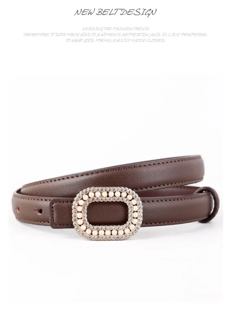 Women's Black Genuine Leather Belt with Pearl Buckle — feature 39