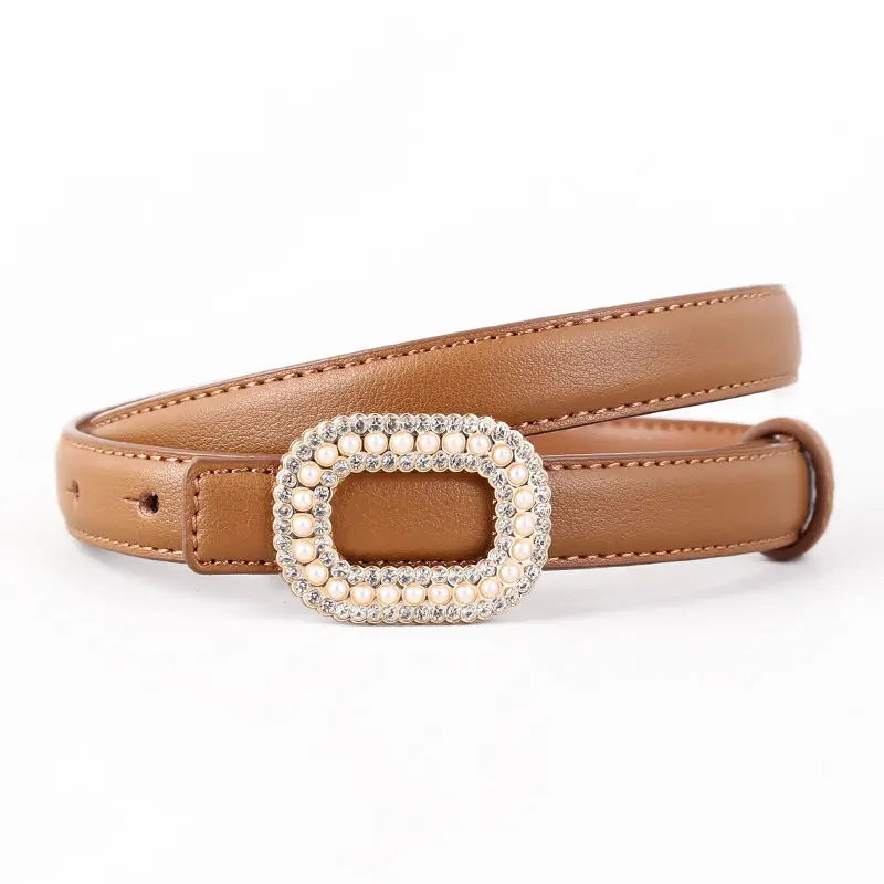 Women's Black Genuine Leather Belt with Pearl Buckle - Image 2