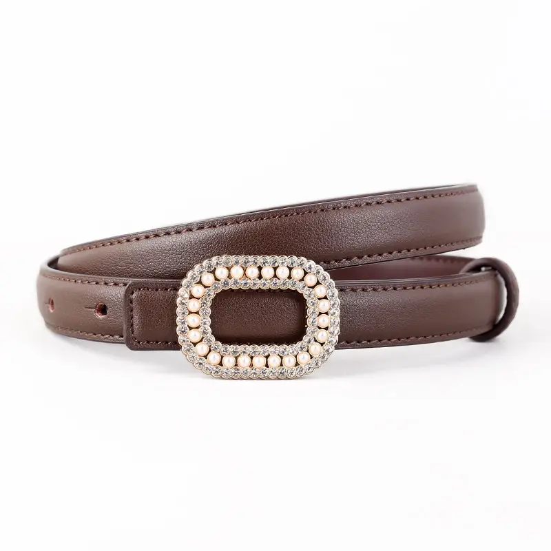 Women's Black Genuine Leather Belt with Pearl Buckle - Image 3