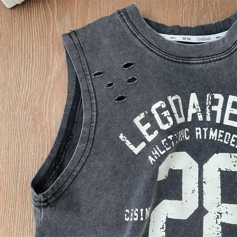 Men White Cotton Sleeveless T-Shirt Loose Korean Style — feature 9