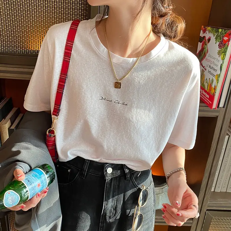 Pure Cotton Short-sleeved T-shirt Women's Basic Simple 2024 Summer New Loose Slimming T-shirt White Cotton Ins Top