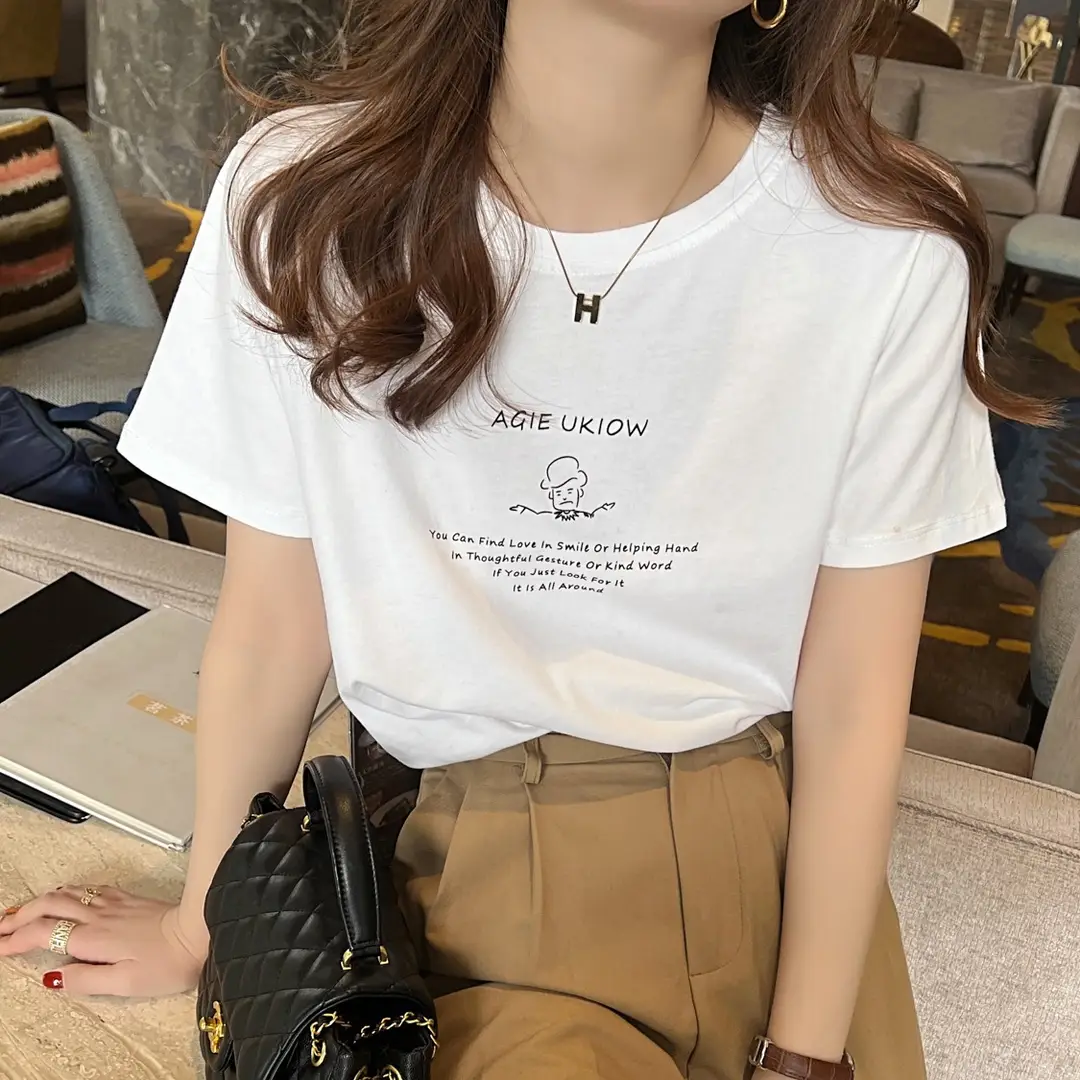 Pure Cotton Short-sleeved T-shirt Women's Basic Simple 2024 Summer New Loose Slimming T-shirt White Cotton Ins Top