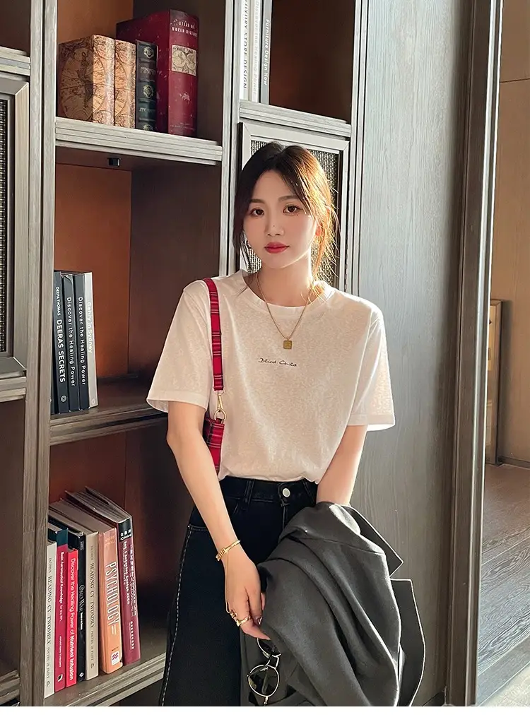 Pure Cotton Short-sleeved T-shirt Women's Basic Simple 2024 Summer New Loose Slimming T-shirt White Cotton Ins Top — feature 14