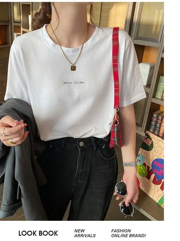 Pure Cotton Short-sleeved T-shirt Women's Basic Simple 2024 Summer New Loose Slimming T-shirt White Cotton Ins Top — feature 15