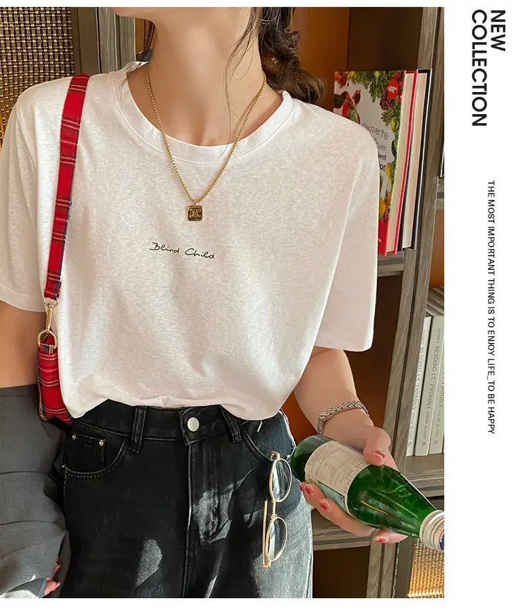 Pure Cotton Short-sleeved T-shirt Women's Basic Simple 2024 Summer New Loose Slimming T-shirt White Cotton Ins Top — feature 17