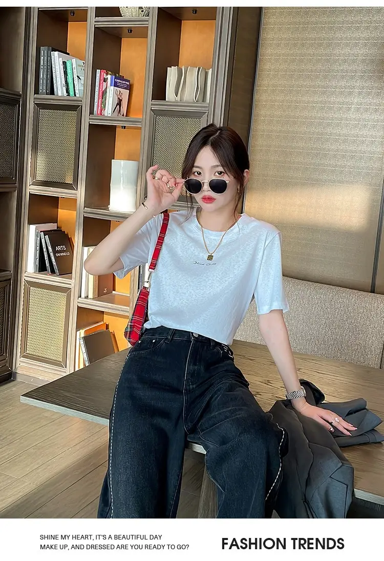 Pure Cotton Short-sleeved T-shirt Women's Basic Simple 2024 Summer New Loose Slimming T-shirt White Cotton Ins Top — feature 18