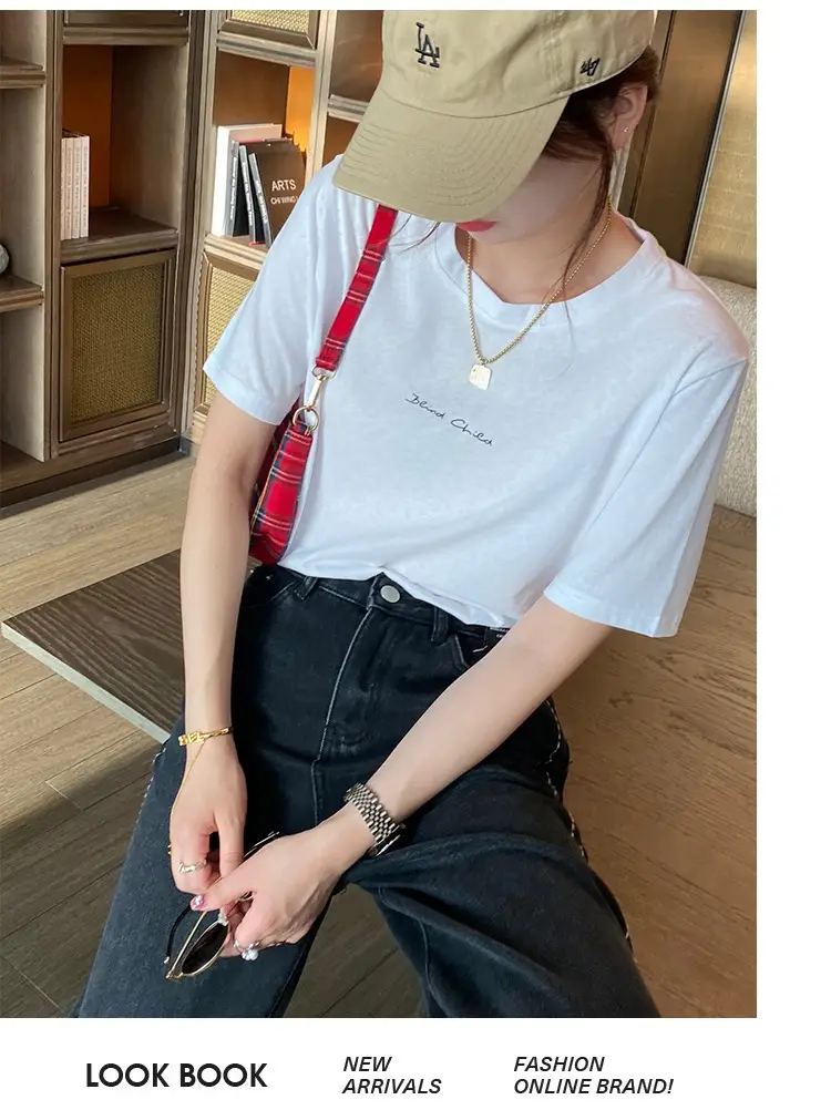 Pure Cotton Short-sleeved T-shirt Women's Basic Simple 2024 Summer New Loose Slimming T-shirt White Cotton Ins Top — feature 19