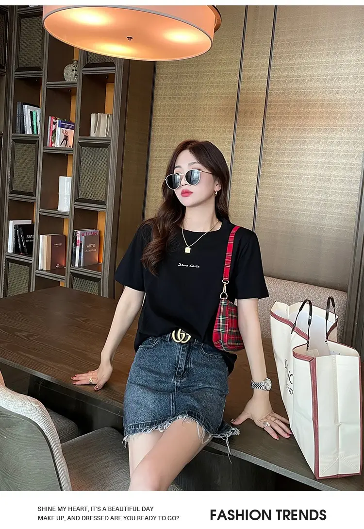 Pure Cotton Short-sleeved T-shirt Women's Basic Simple 2024 Summer New Loose Slimming T-shirt White Cotton Ins Top — feature 25