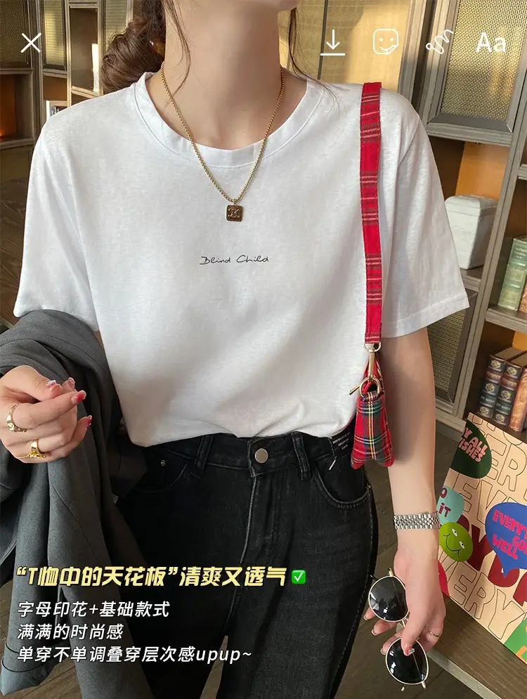 Pure Cotton Short-sleeved T-shirt Women's Basic Simple 2024 Summer New Loose Slimming T-shirt White Cotton Ins Top — feature 4