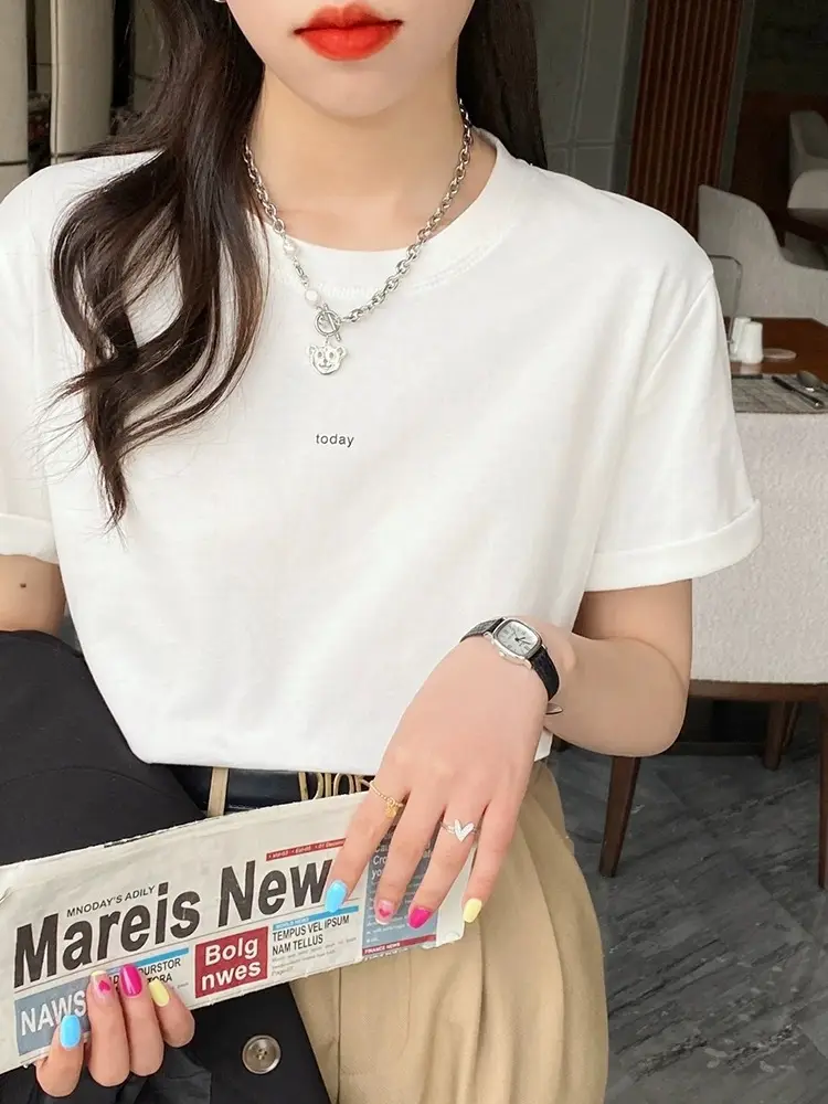 Pure Cotton Short-sleeved T-shirt Women's Basic Simple 2024 Summer New Loose Slimming T-shirt White Cotton Ins Top