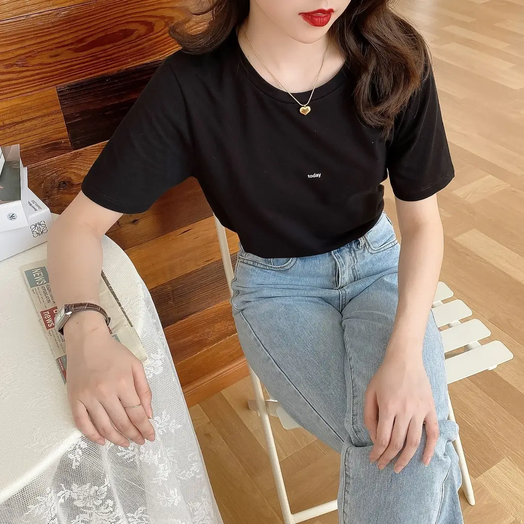 Pure Cotton Short-sleeved T-shirt Women's Basic Simple 2024 Summer New Loose Slimming T-shirt White Cotton Ins Top