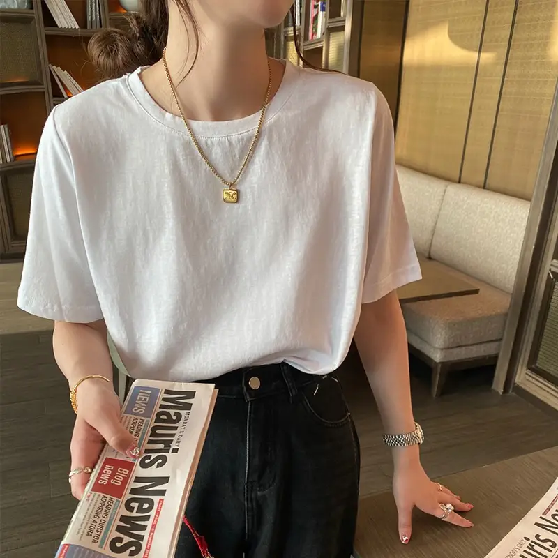 Pure Cotton Short-sleeved T-shirt Women's Basic Simple 2024 Summer New Loose Slimming T-shirt White Cotton Ins Top