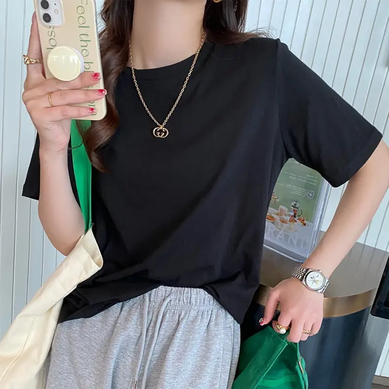 Pure Cotton Short-sleeved T-shirt Women's Basic Simple 2024 Summer New Loose Slimming T-shirt White Cotton Ins Top