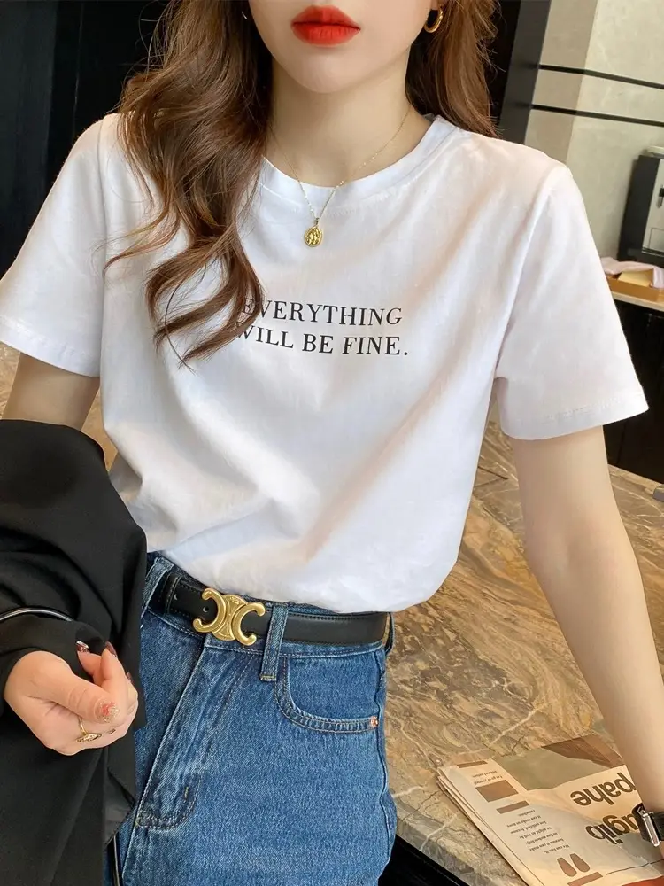 Pure Cotton Short-sleeved T-shirt Women's Basic Simple 2024 Summer New Loose Slimming T-shirt White Cotton Ins Top