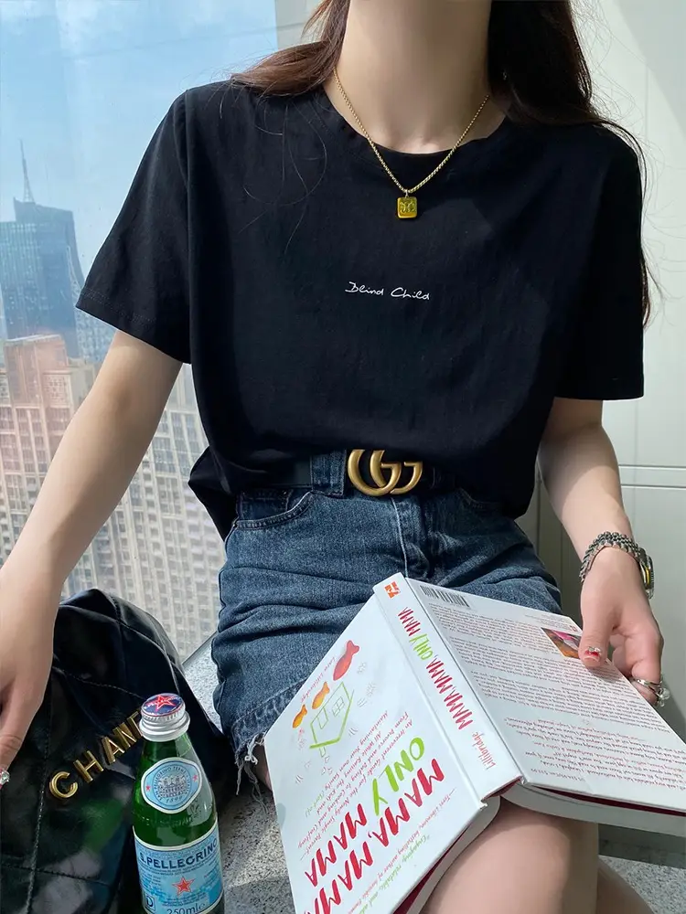 Pure Cotton Short-sleeved T-shirt Women's Basic Simple 2024 Summer New Loose Slimming T-shirt White Cotton Ins Top