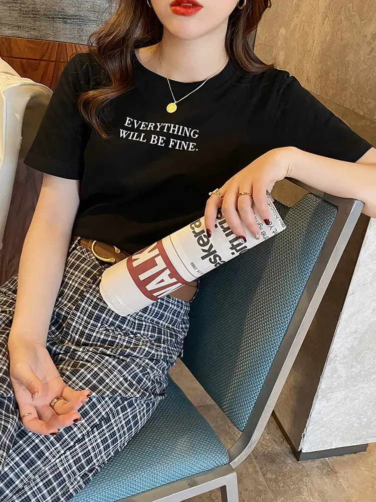 Pure Cotton Short-sleeved T-shirt Women's Basic Simple 2024 Summer New Loose Slimming T-shirt White Cotton Ins Top