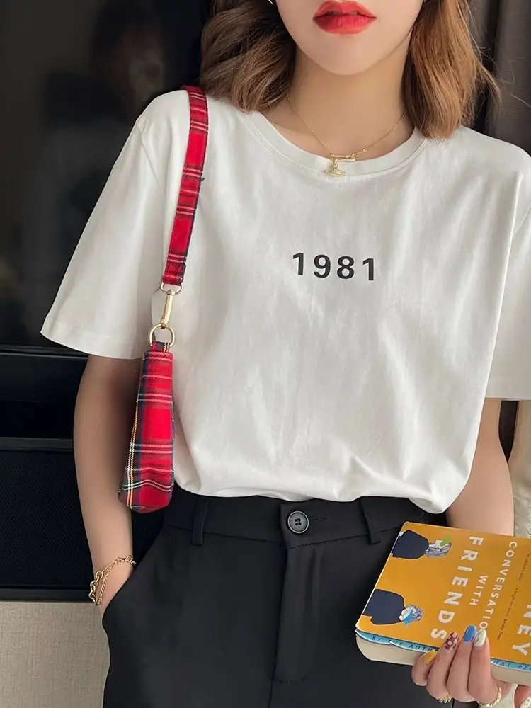 Pure Cotton Short-sleeved T-shirt Women's Basic Simple 2024 Summer New Loose Slimming T-shirt White Cotton Ins Top