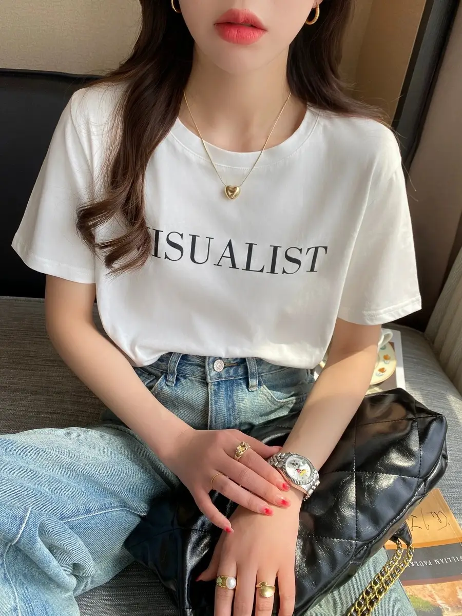 Pure Cotton Short-sleeved T-shirt Women's Basic Simple 2024 Summer New Loose Slimming T-shirt White Cotton Ins Top
