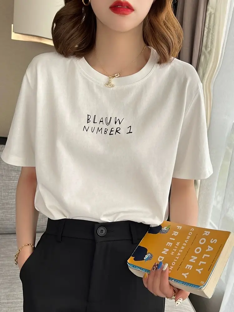 Pure Cotton Short-sleeved T-shirt Women's Basic Simple 2024 Summer New Loose Slimming T-shirt White Cotton Ins Top