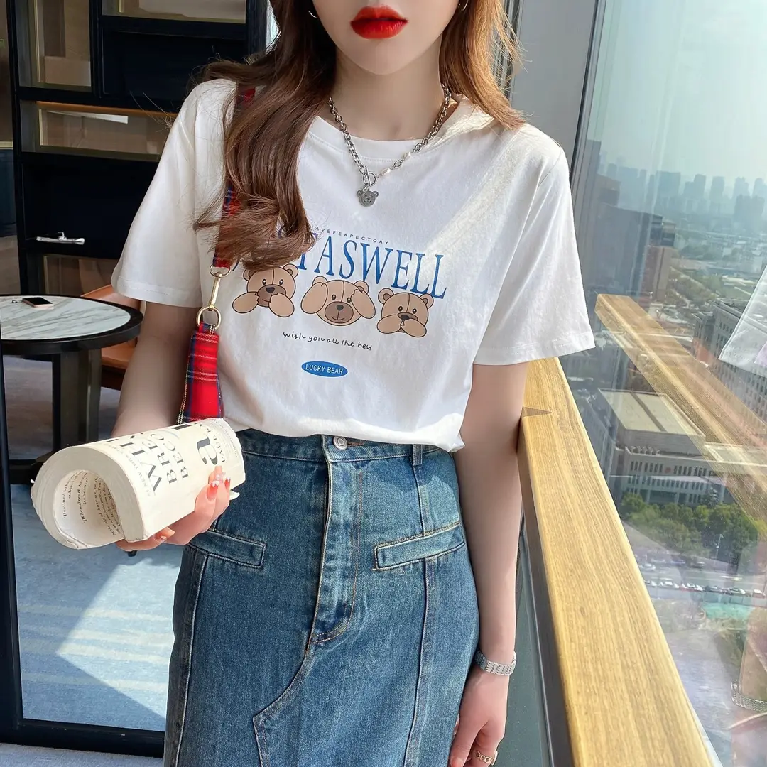 Pure Cotton Short-sleeved T-shirt Women's Basic Simple 2024 Summer New Loose Slimming T-shirt White Cotton Ins Top