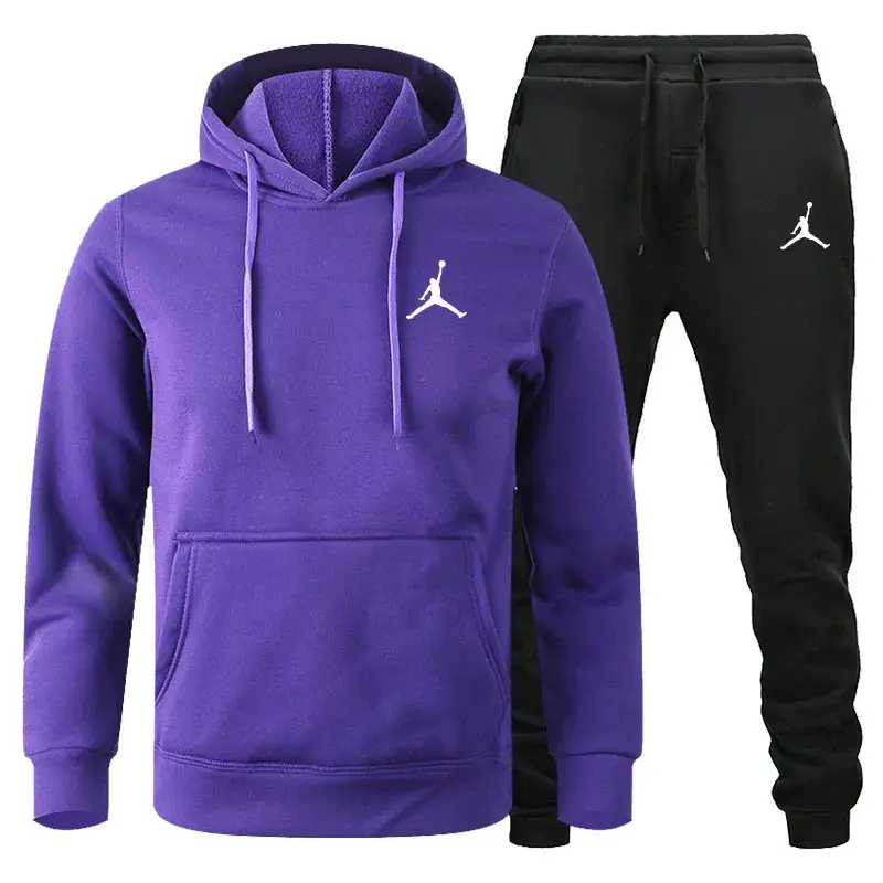 Men Winter Fleece Hoodie Sweatpants Set Maroon Black