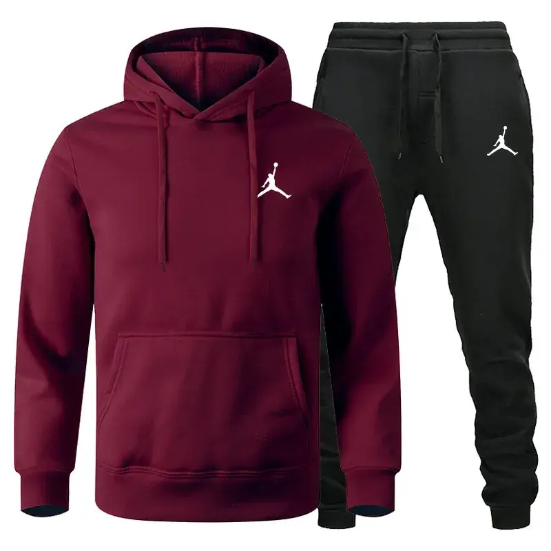Men Winter Fleece Hoodie Sweatpants Set Maroon Black