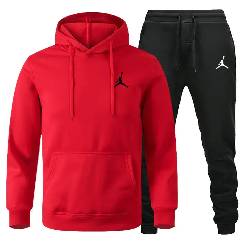 Men Winter Fleece Hoodie Sweatpants Set Maroon Black