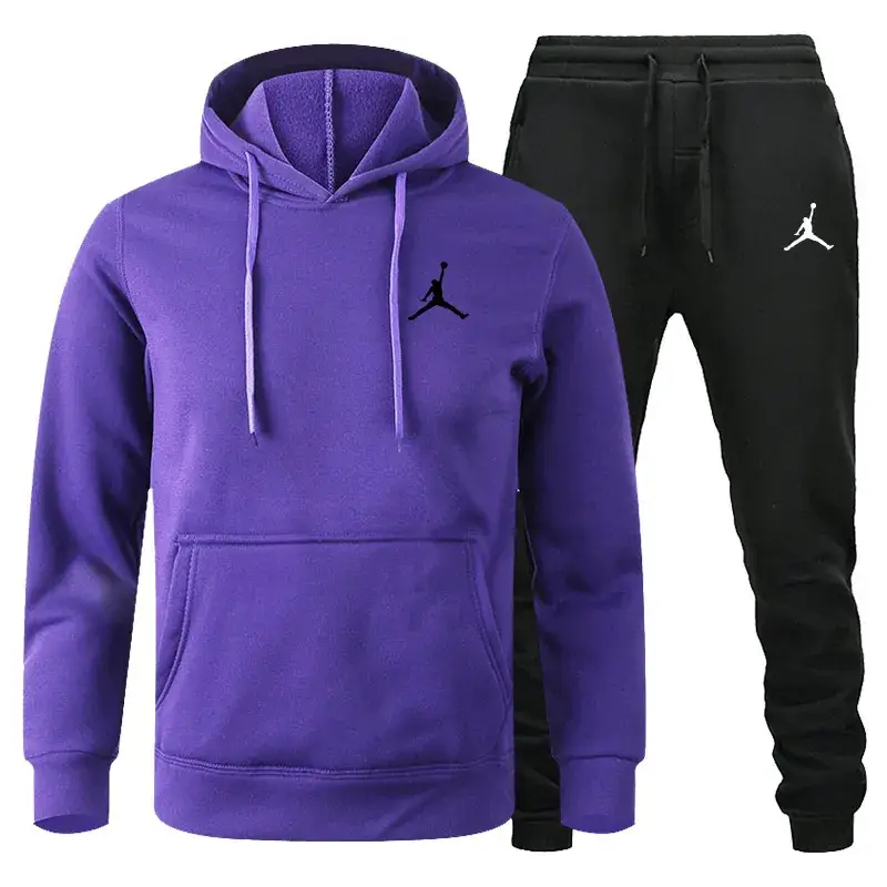 Men Winter Fleece Hoodie Sweatpants Set Maroon Black