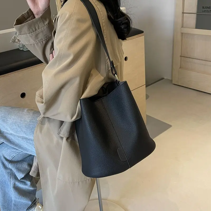 Black Lychee Pattern Bucket Bag for Women 2024 - Image 6