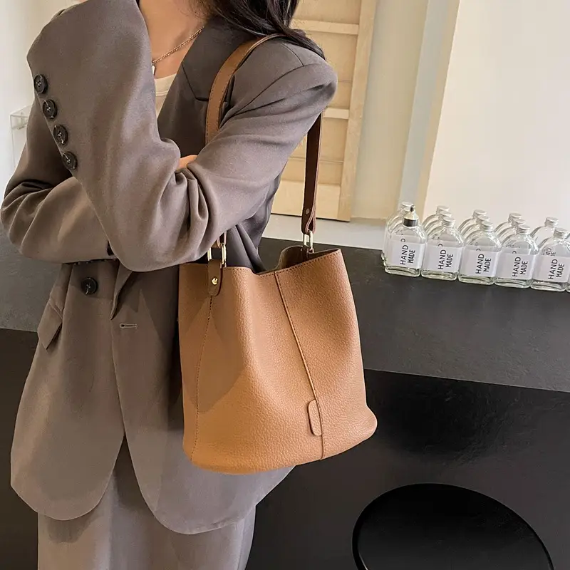Black Lychee Pattern Bucket Bag for Women 2024 - Image 8