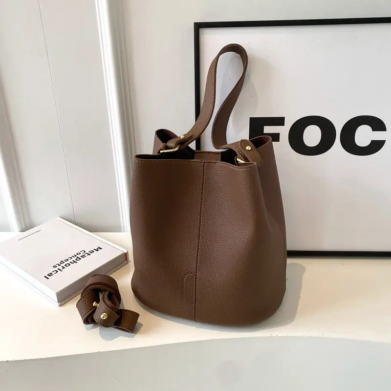 Black Lychee Pattern Bucket Bag for Women 2024 - Image 2