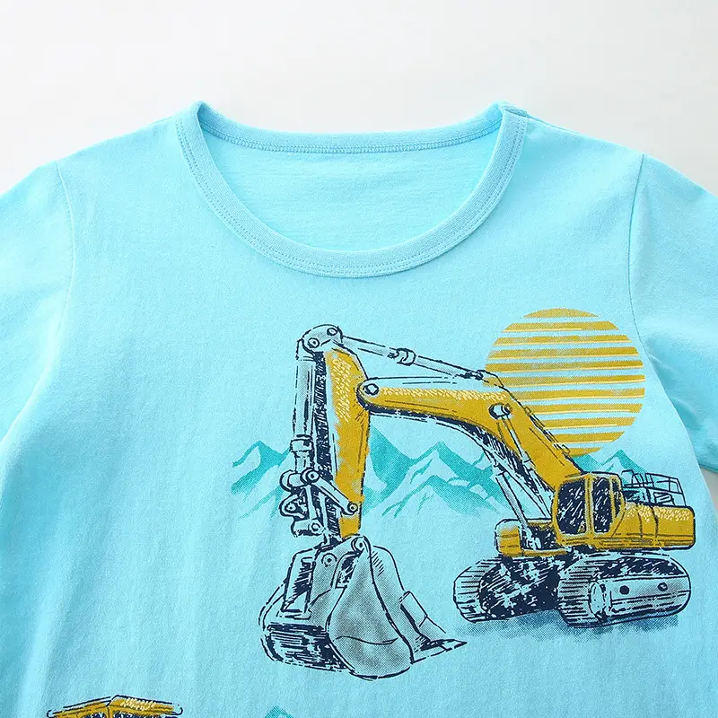 European & American Boys' Cartoon Excavator T-Shirt Light Blue - Image 4