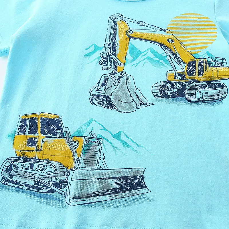 European & American Boys' Cartoon Excavator T-Shirt Light Blue - Image 5