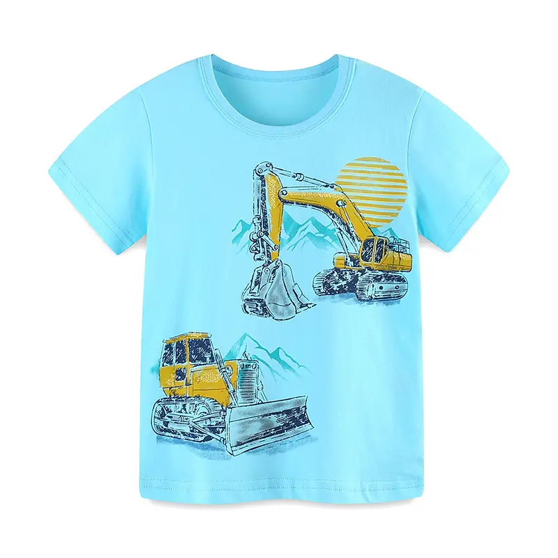 European & American Boys' Cartoon Excavator T-Shirt Light Blue - Image 6