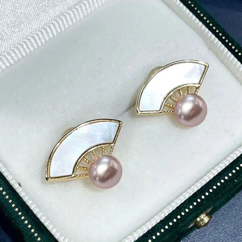 Natural Freshwater Pearl Earrings New Style Shell Small Fan Retro Elegant - Image 3