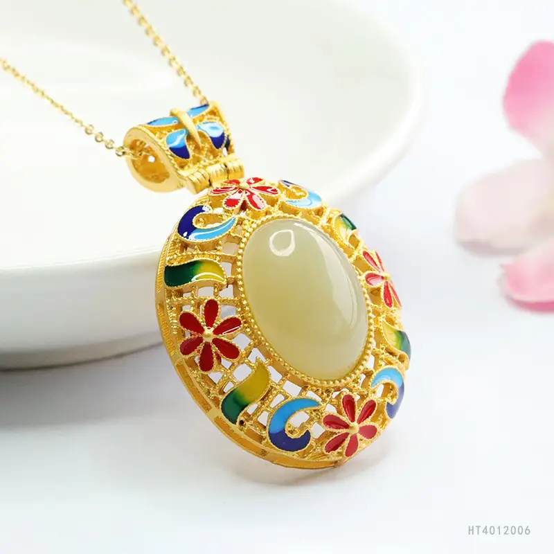 Guan Yu Enamel Hetian Jade Pendant Necklace
