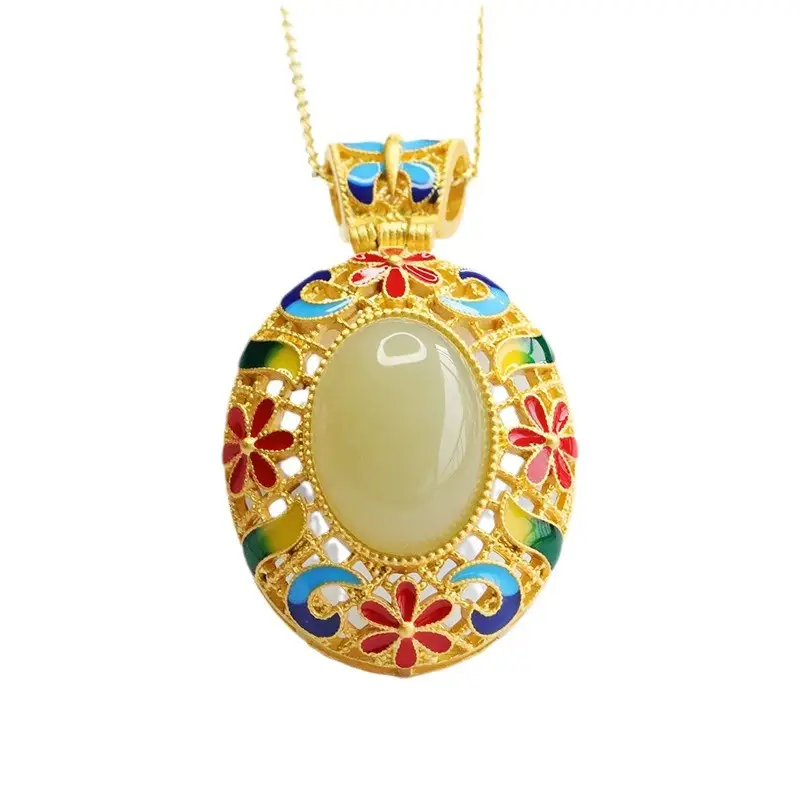 Guan Yu Enamel Hetian Jade Pendant Necklace