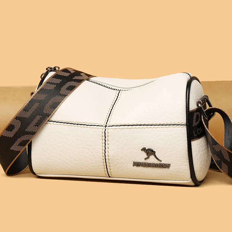 Women's Cream Leather Shoulder Messenger Bag with Logo
