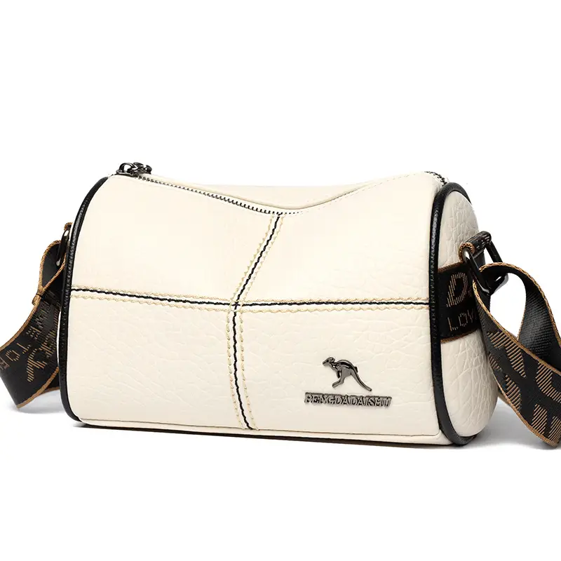 Women's Cream Leather Shoulder Messenger Bag with Logo