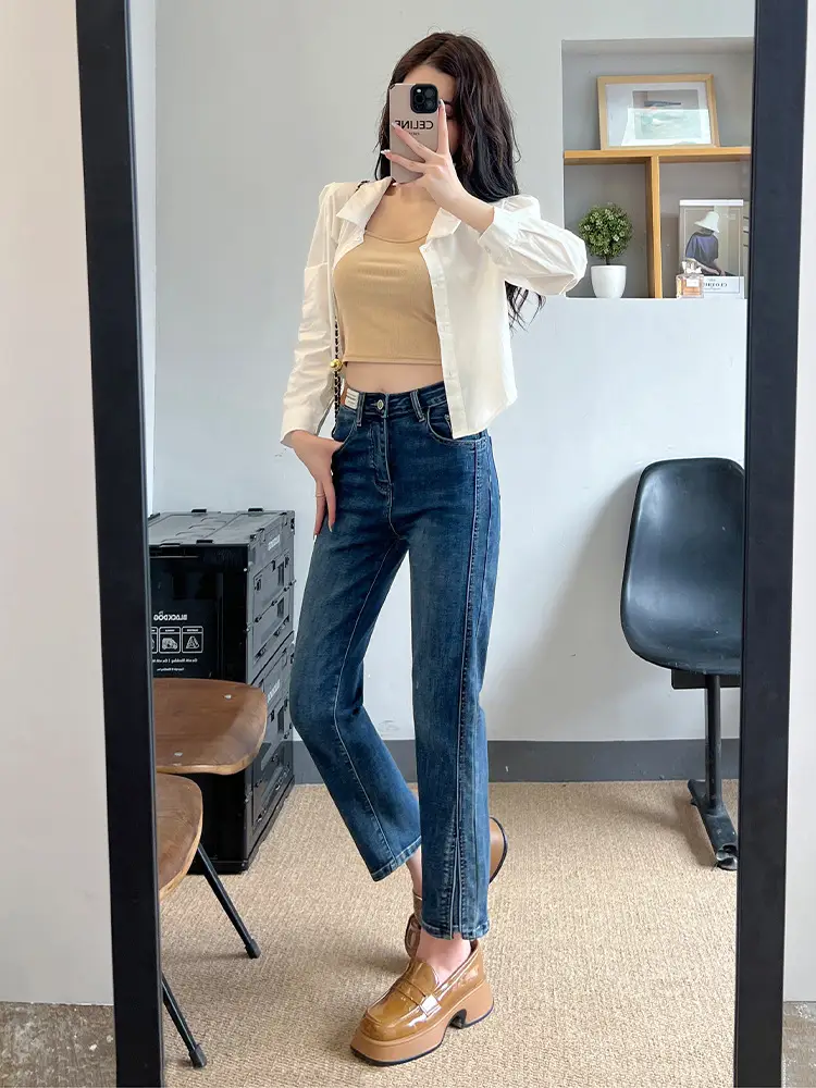 Pear-Shaped Straight-Leg Jeans Dark Blue Cropped High Waist
